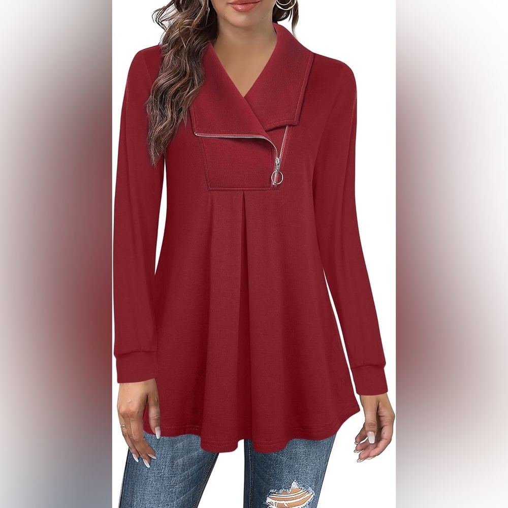 Valolia Maroon Burgundy Long Sleeve Top with Zipper Detail Off Centered